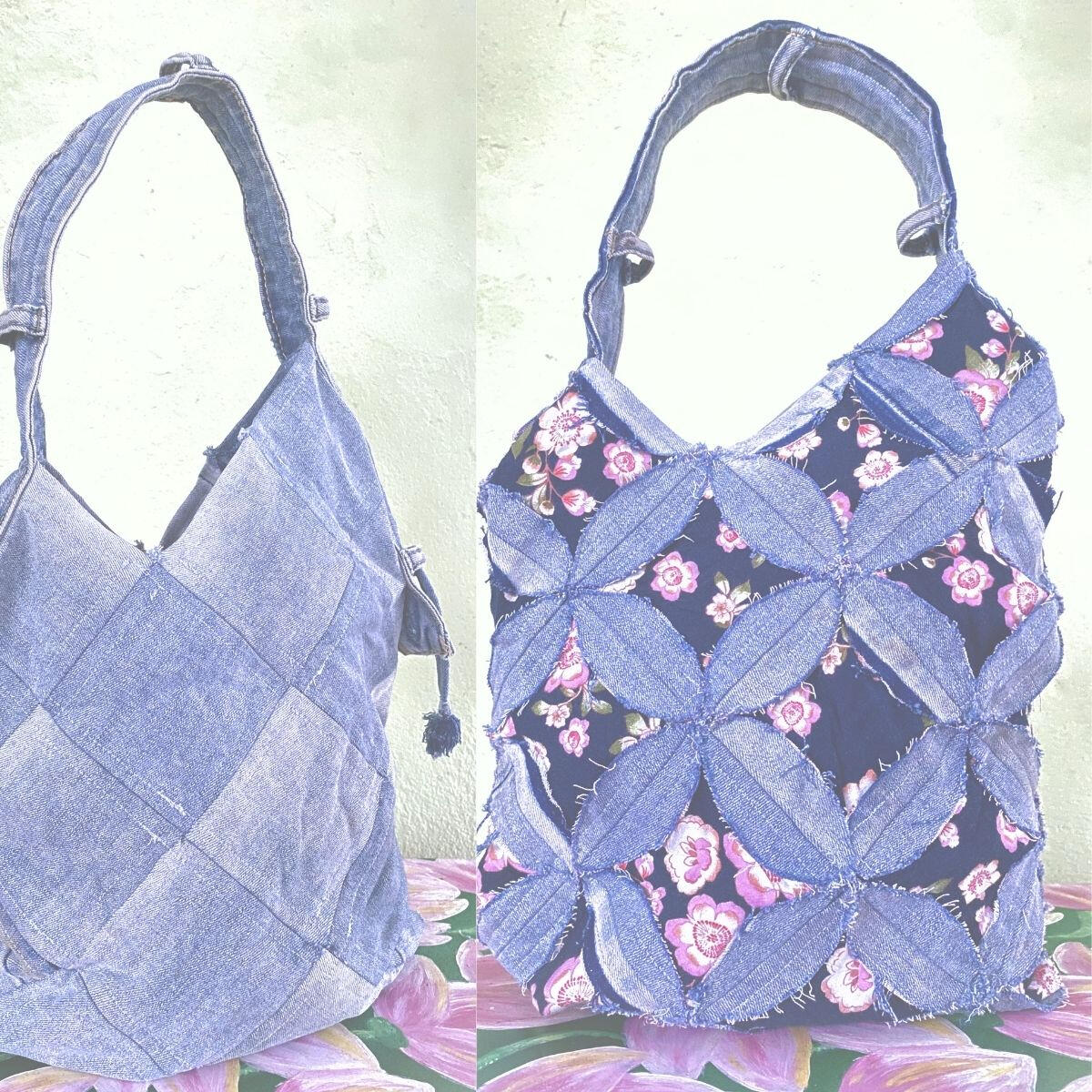 Genie Totebag Reversible tote bag showing denim and floral textile surfaces.
